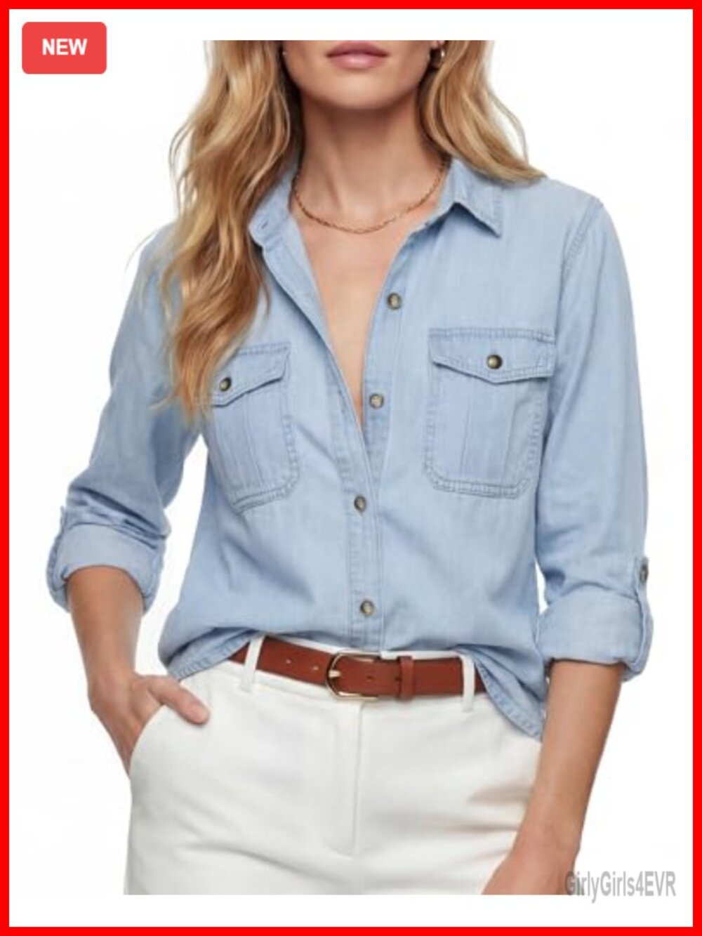 Women's Button Down Denim Shirt Chambray Long Sleeve Casual Jean Top